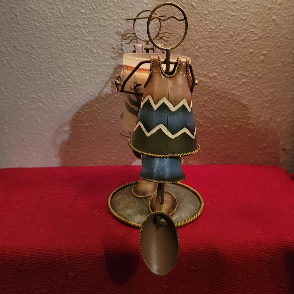 Vtg Candle Holder Metal Art Hand Painted Cone Shaped Man Woman Flowers Hearts
